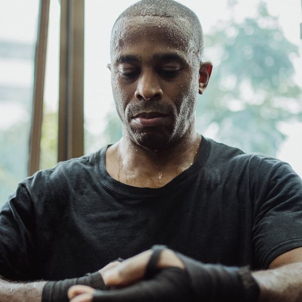 Athlete in a state of concentration, preparing for a lift.